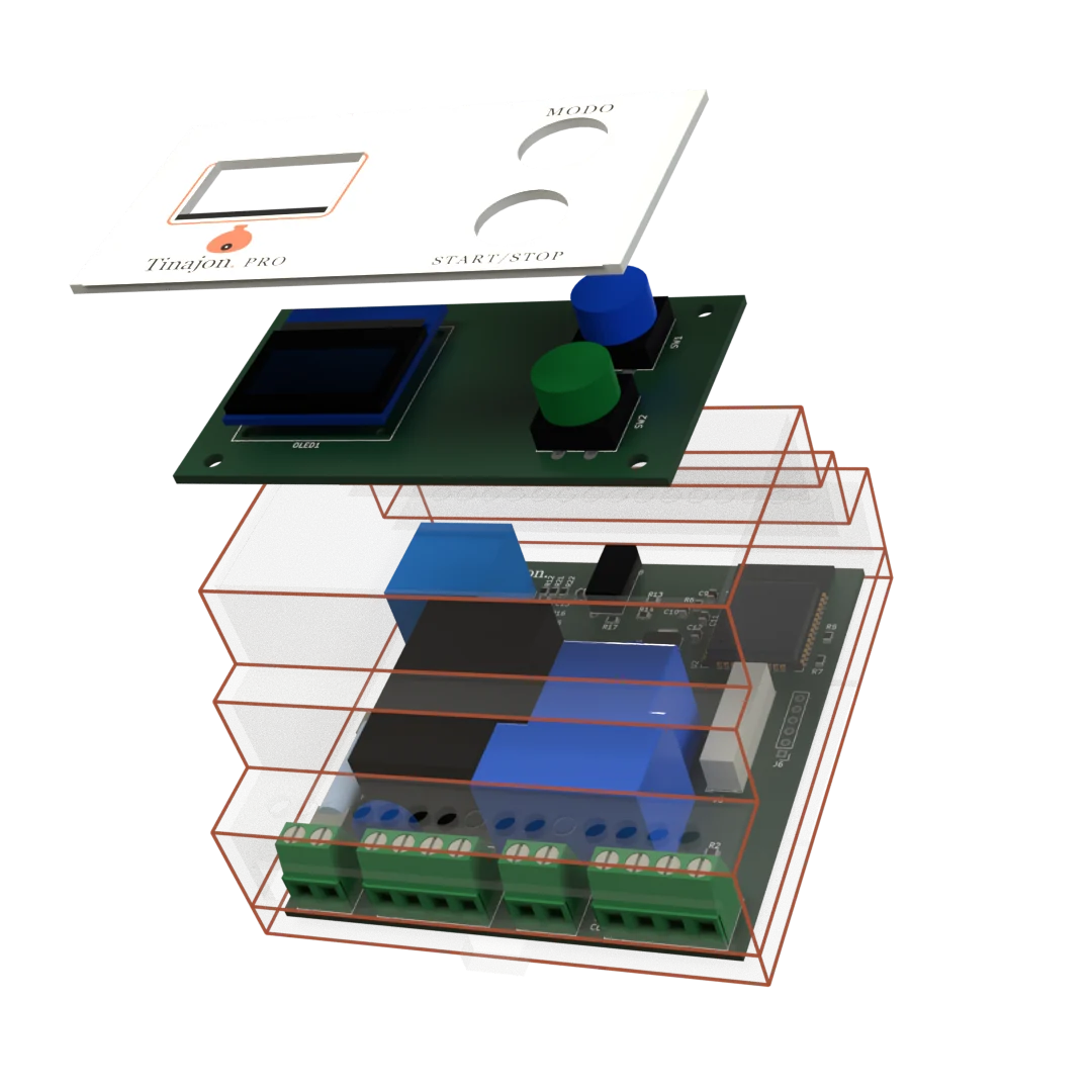 Tinajon Pro abierto: panel con pantalla OLED y botones, y placa principal con ESP32, relé, fuente de alimentación y bornes
