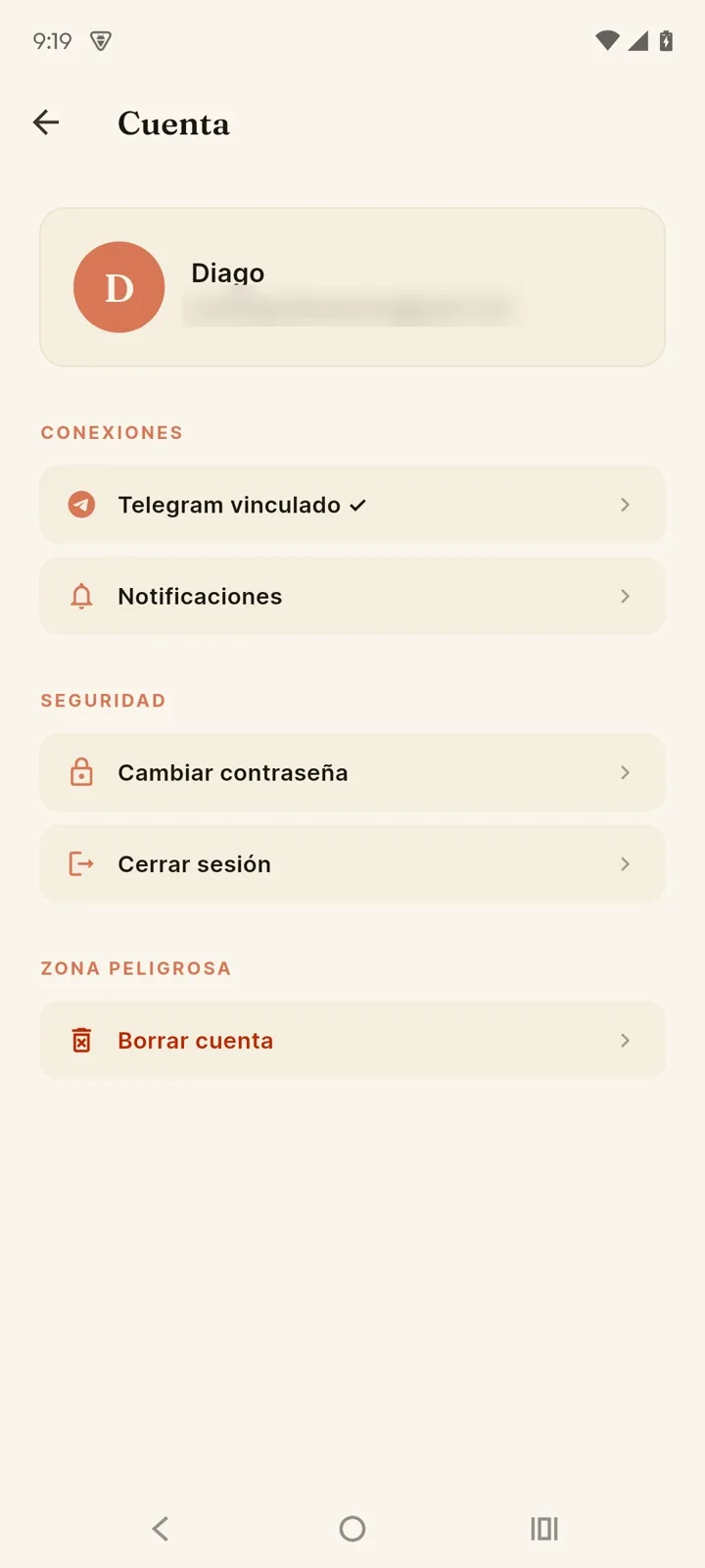 Pantalla de cuenta
