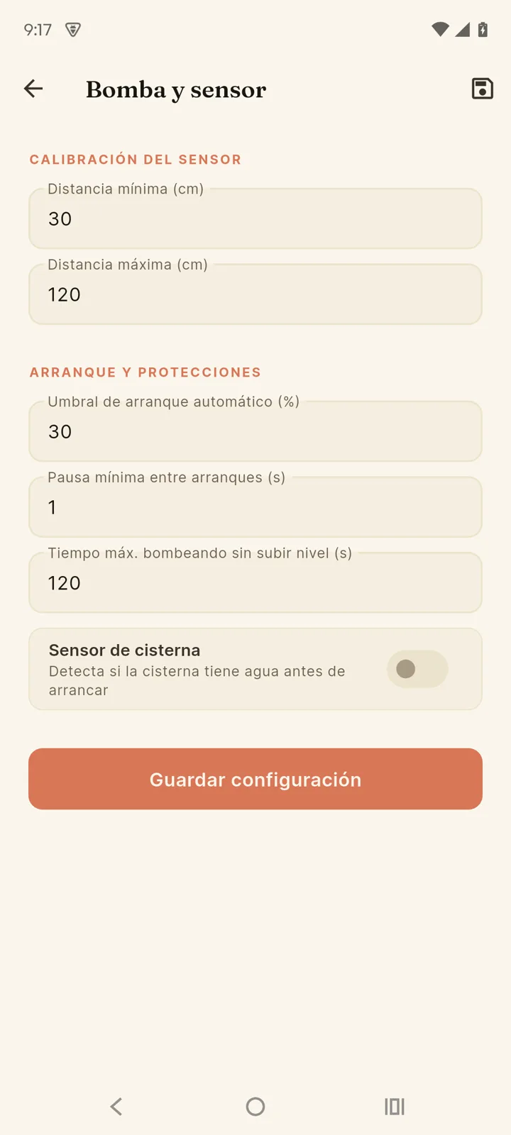 Configuración de bomba y sensor