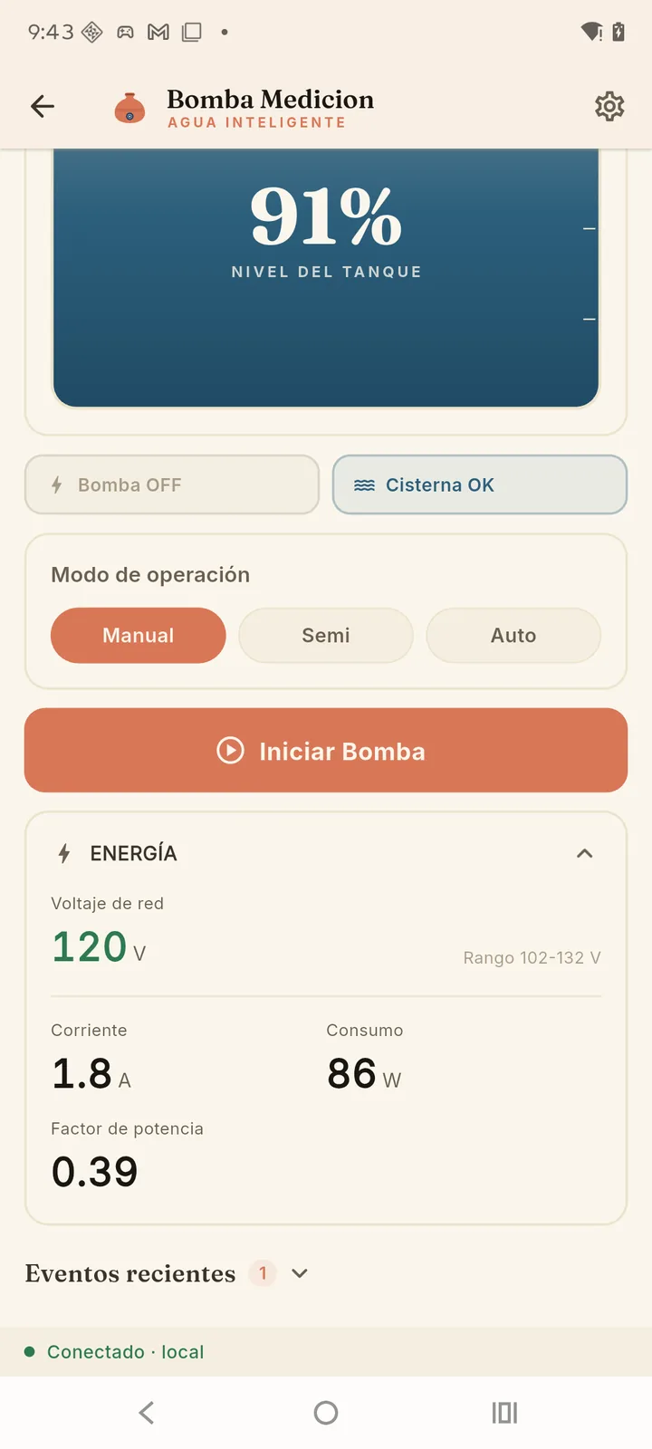 Tarjeta ENERGÍA de la app con el voltaje de la red, la corriente, el consumo y el factor de potencia