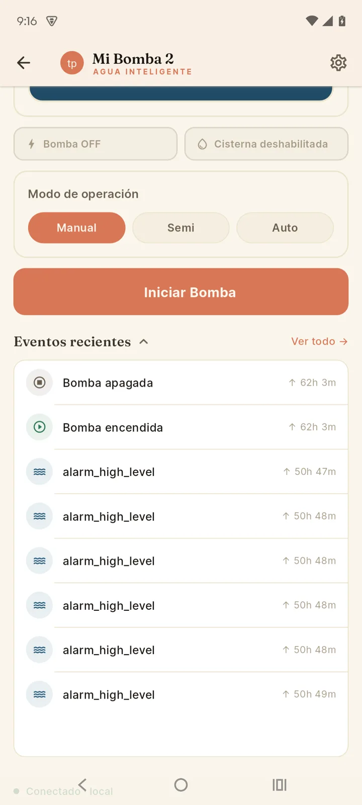 Eventos recientes en la pantalla principal