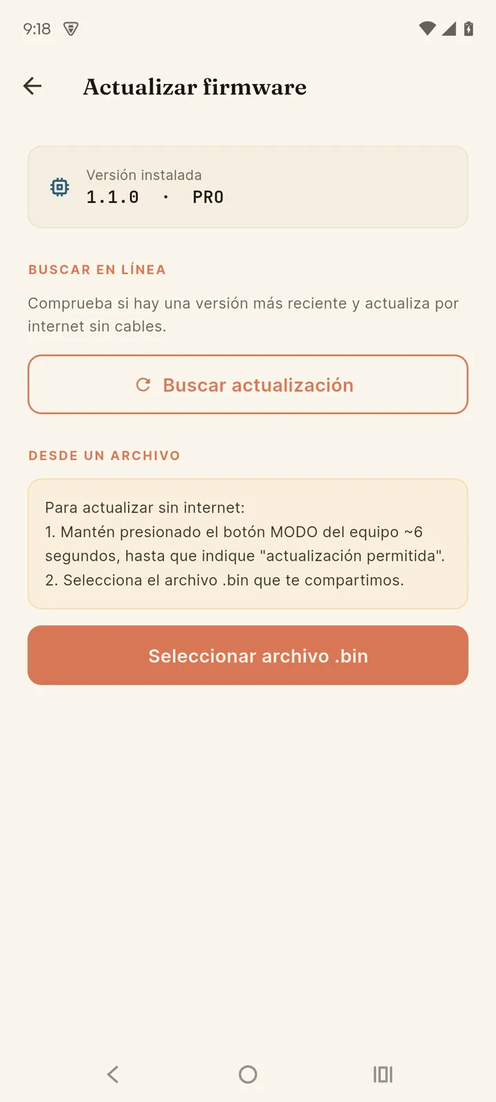 Pantalla de actualización de firmware