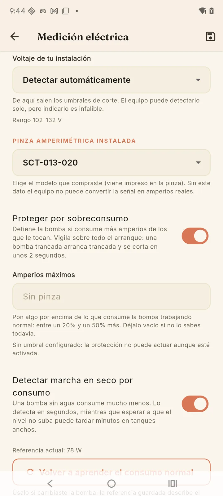 Más abajo: la pinza instalada, el sobreconsumo y la marcha en seco
