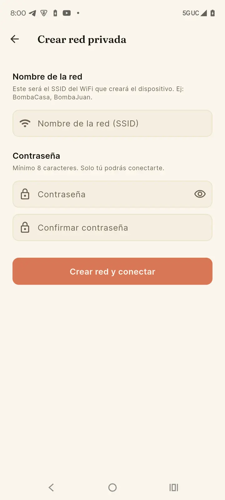 Pantalla para crear la red privada