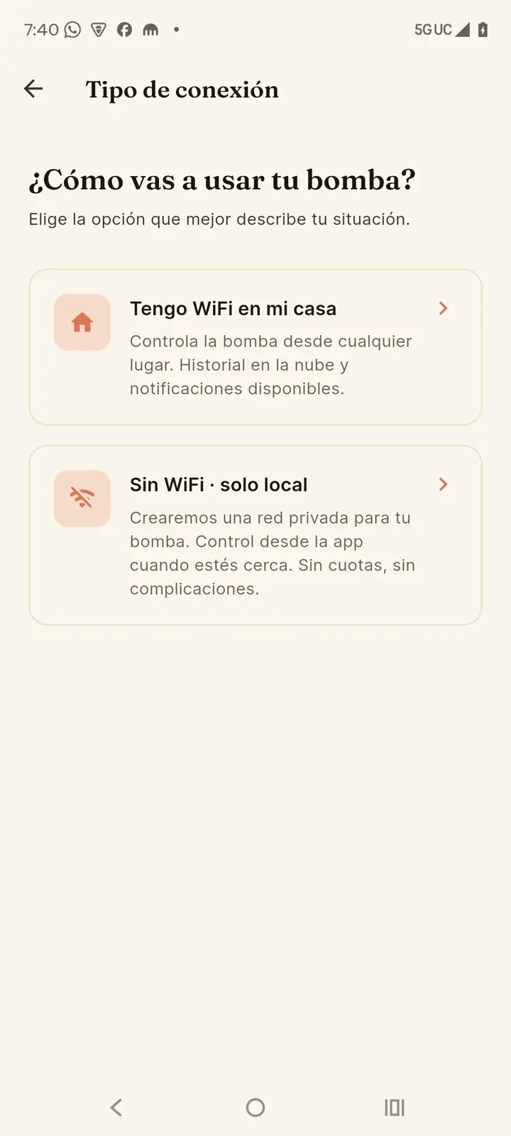 Pantalla de tipo de conexión