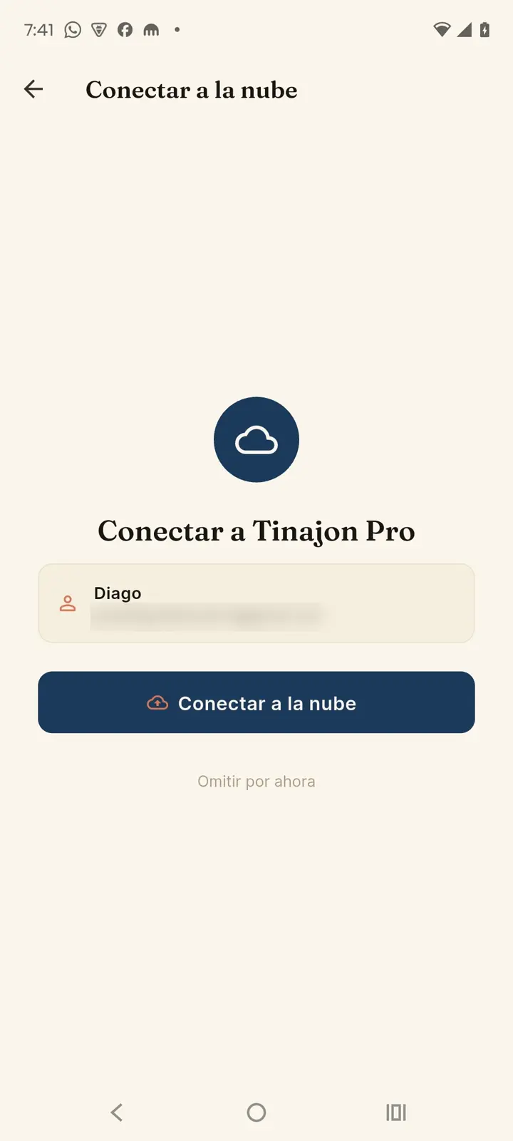 Pantalla de conexión a la nube