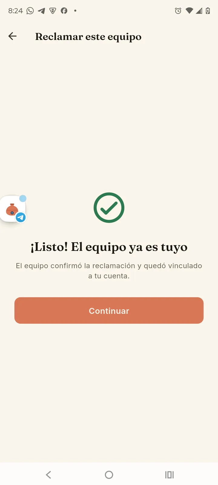Confirmación de reclamación exitosa