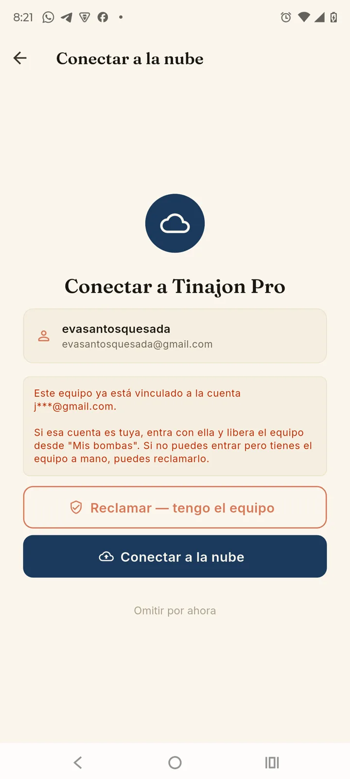 Aviso de equipo ya vinculado a otra cuenta
