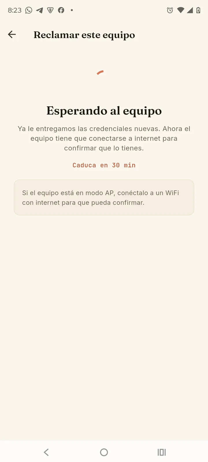Pantalla de espera de confirmación