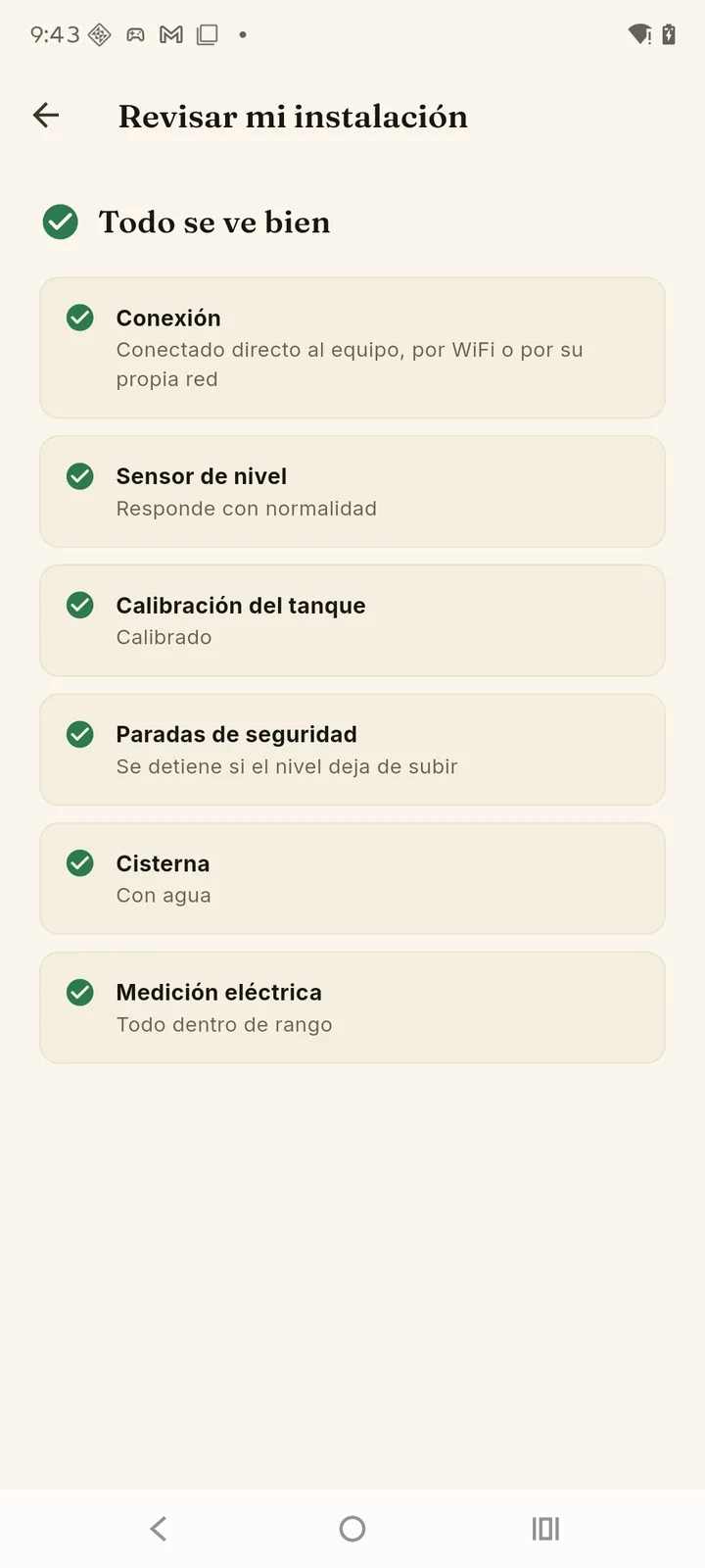 Pantalla Revisar mi instalación con todos los puntos en verde