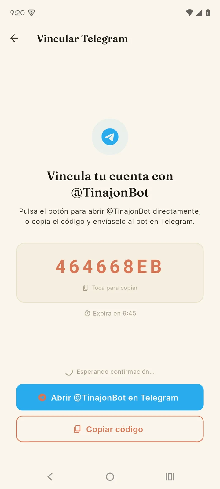 Pantalla de vinculación con Telegram